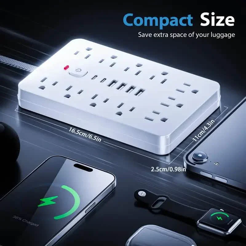 17-in-1 Surge Protector Power Cord 5Ft Braided Flat Extension Cable with 6 USB Chargers, 2 USB C, 11 AC Power Outlets - Image 4