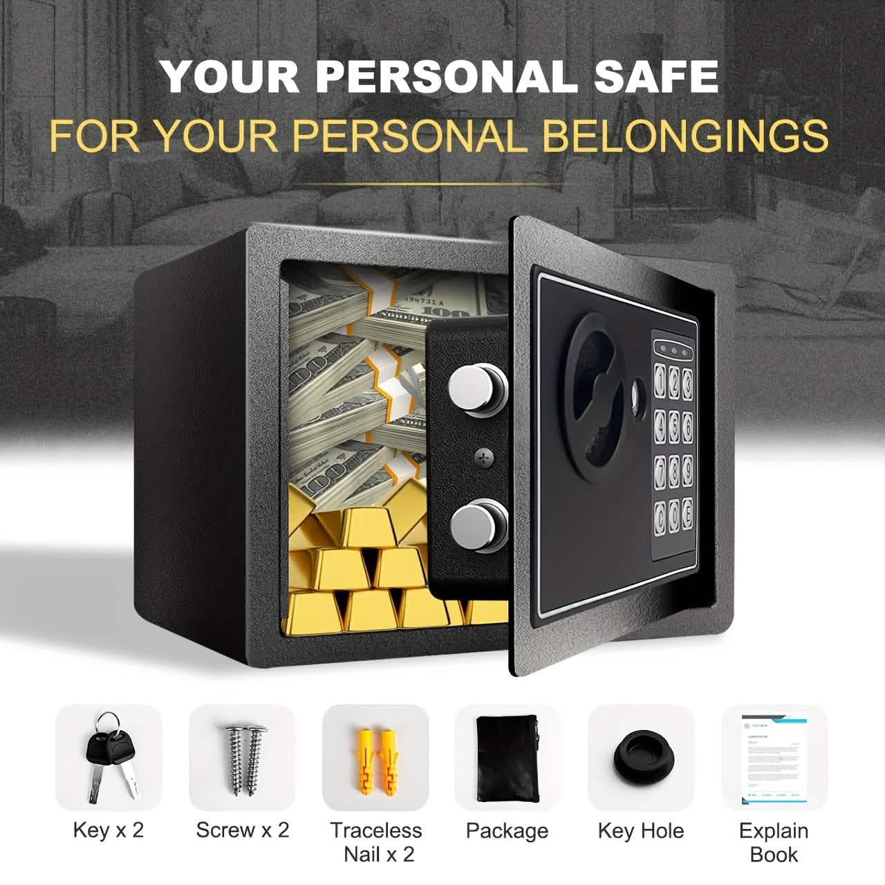 Fireproof Digital Home Safe with Keypad, Sensor Light & Money Bag-Silver - Image 2