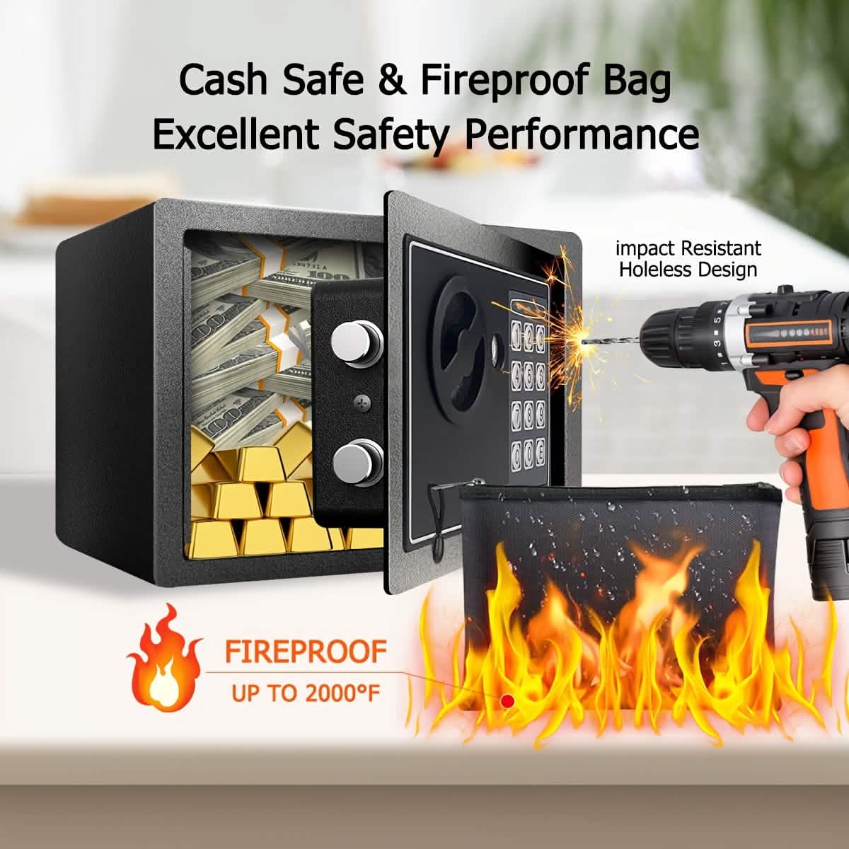 Fireproof Digital Home Safe with Keypad, Sensor Light & Money Bag-Silver - Image 4