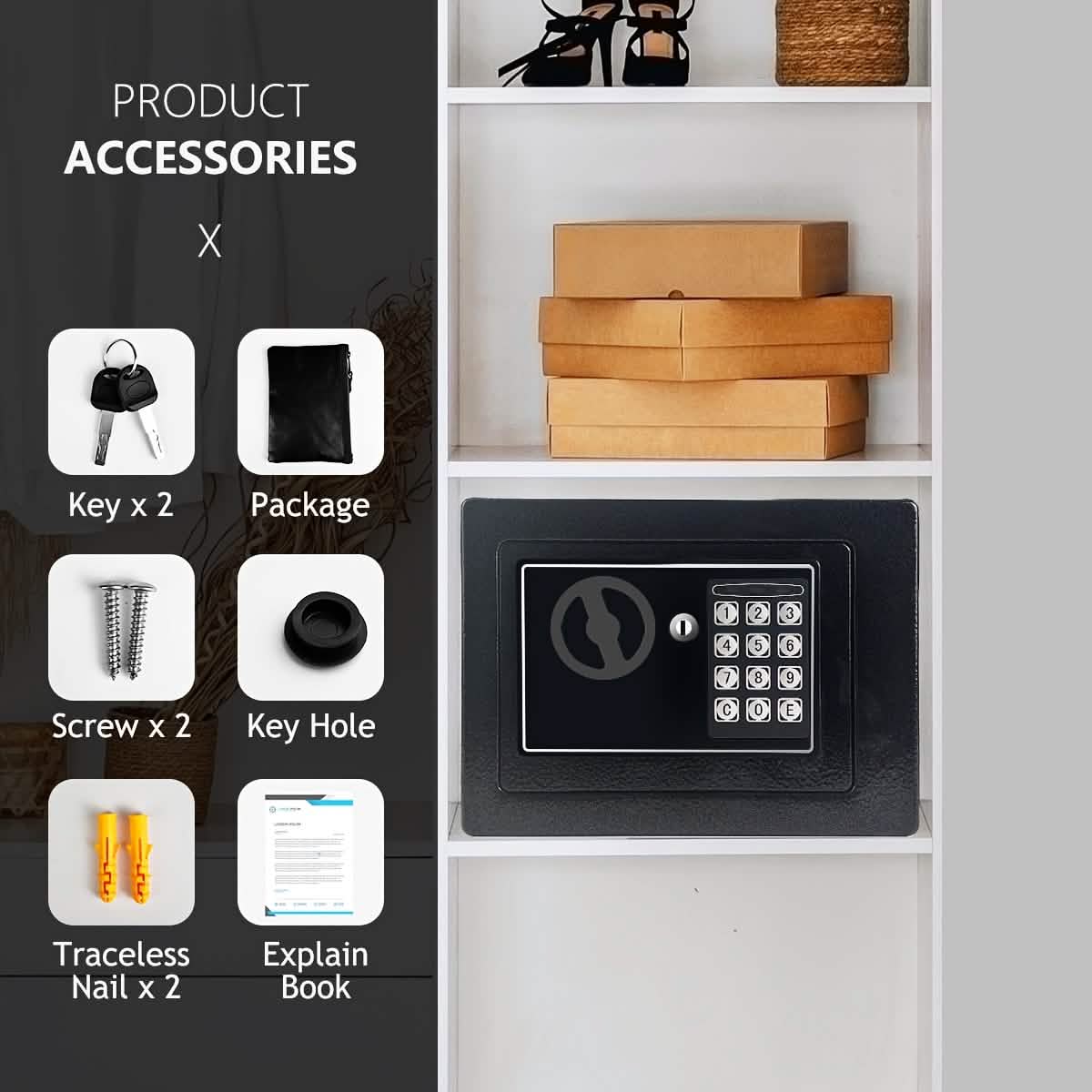 Fireproof Digital Home Safe with Keypad, Sensor Light & Money Bag-Silver - Image 5